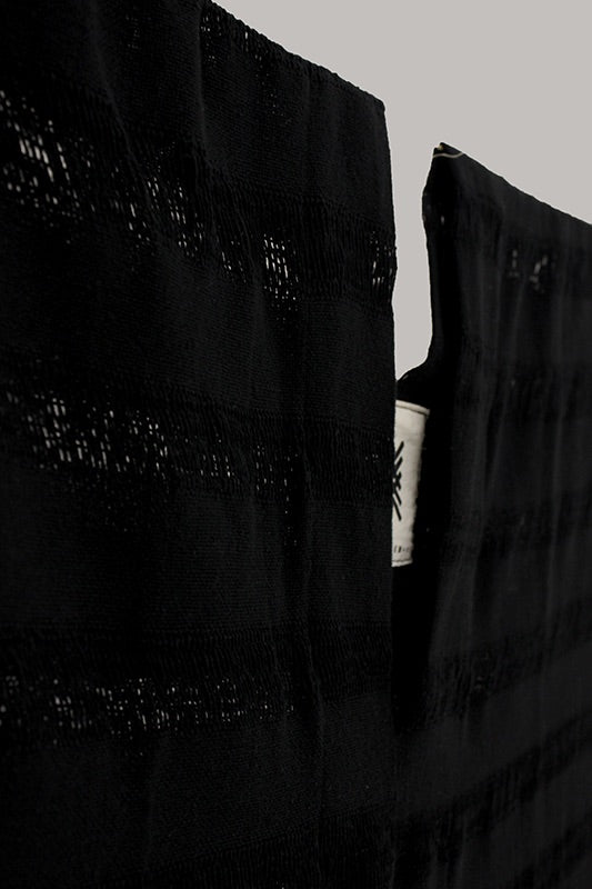 Extra long black frayed cotton huipil