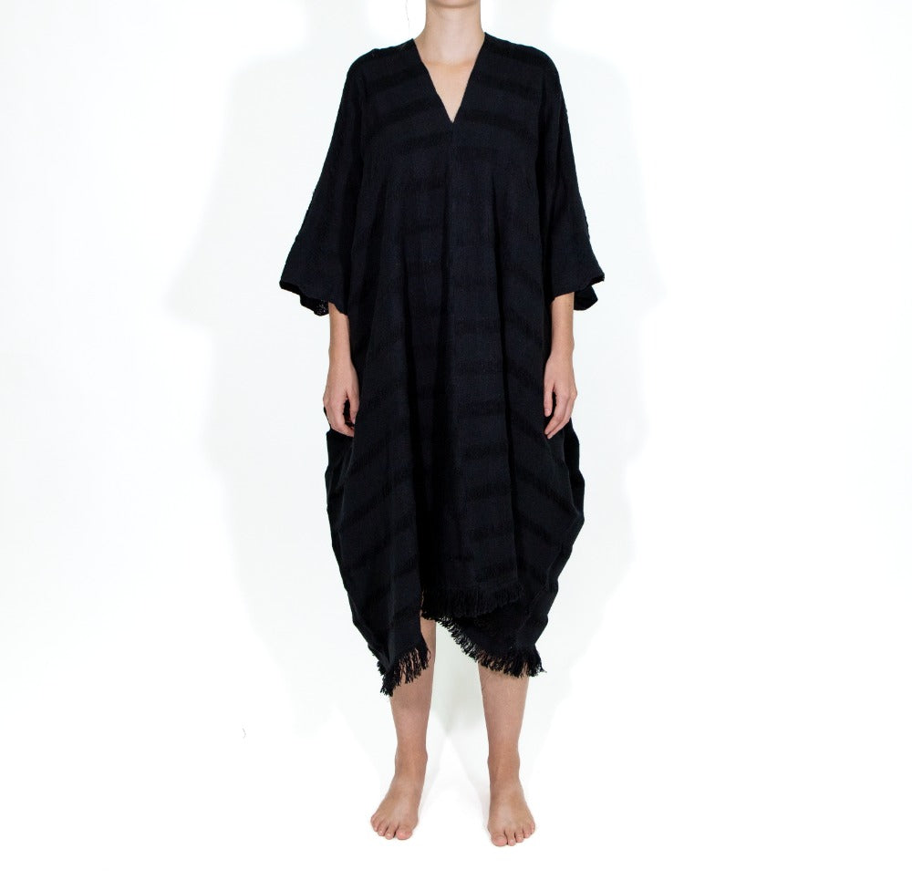 Extra long black frayed cotton huipil
